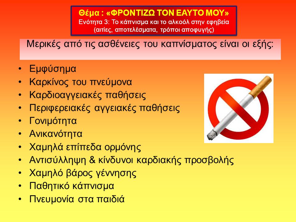 Μερικές από τις ασθένειες του καπνίσματος είναι οι εξής: