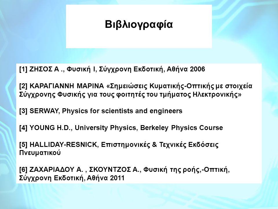 Βιβλιογραφία [1] ΖΗΣΟΣ A ., Φυσική Ι, Σύγχρονη Εκδοτική, Αθήνα 2006