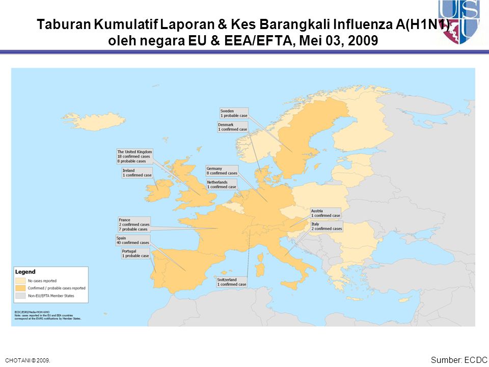 Taburan Kumulatif Laporan & Kes Barangkali Influenza A(H1N1) oleh negara EU & EEA/EFTA, Mei 03, 2009