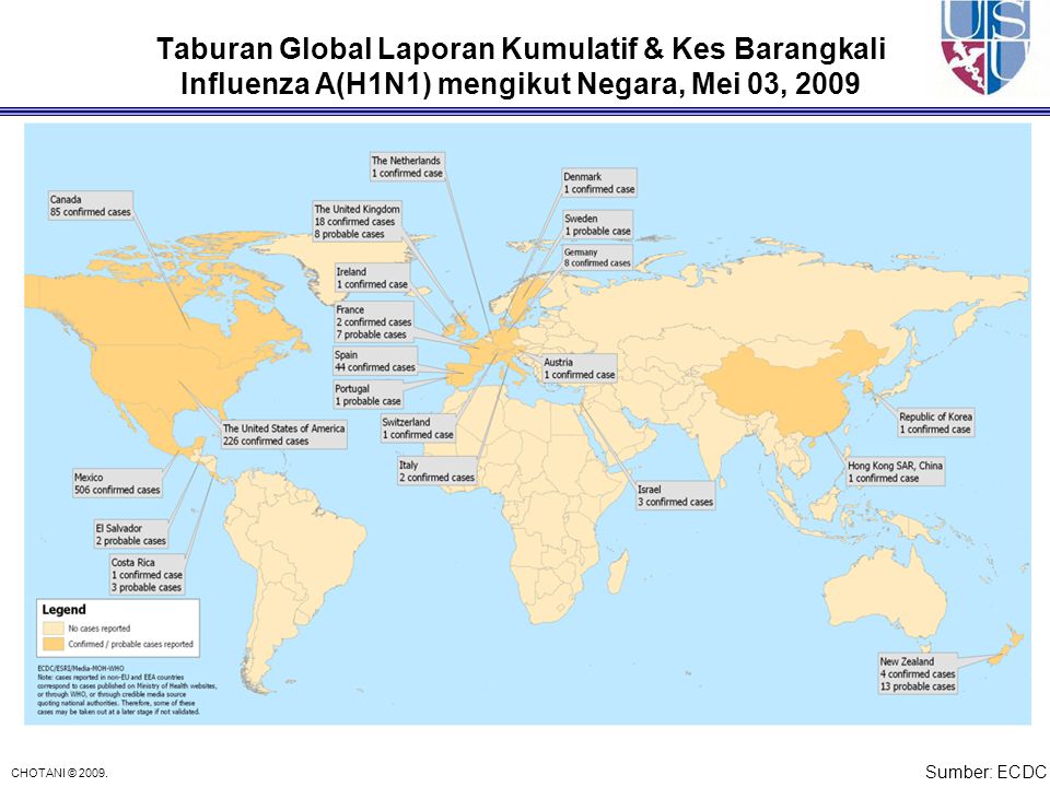 Taburan Global Laporan Kumulatif & Kes Barangkali Influenza A(H1N1) mengikut Negara, Mei 03, 2009
