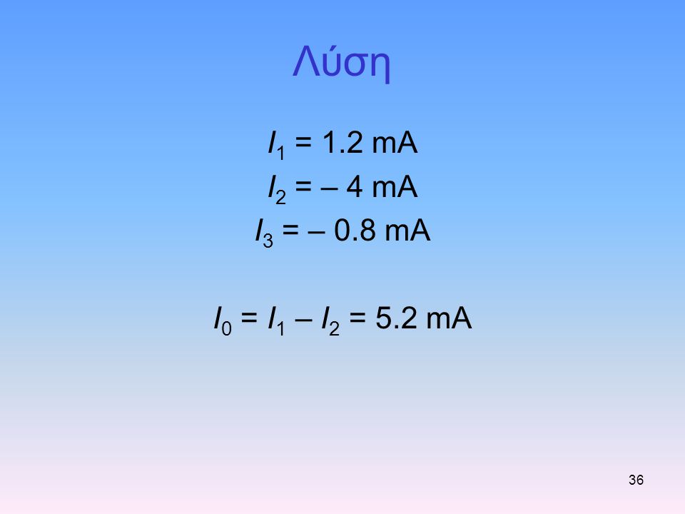 Λύση I1 = 1.2 mA I2 = – 4 mA I3 = – 0.8 mA I0 = I1 – I2 = 5.2 mA