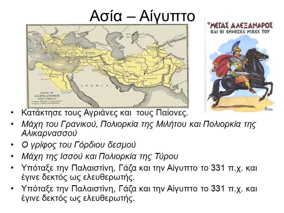 Ασία – Αίγυπτο Κατάκτησε τους Αγριάνες και τους Παίονες.