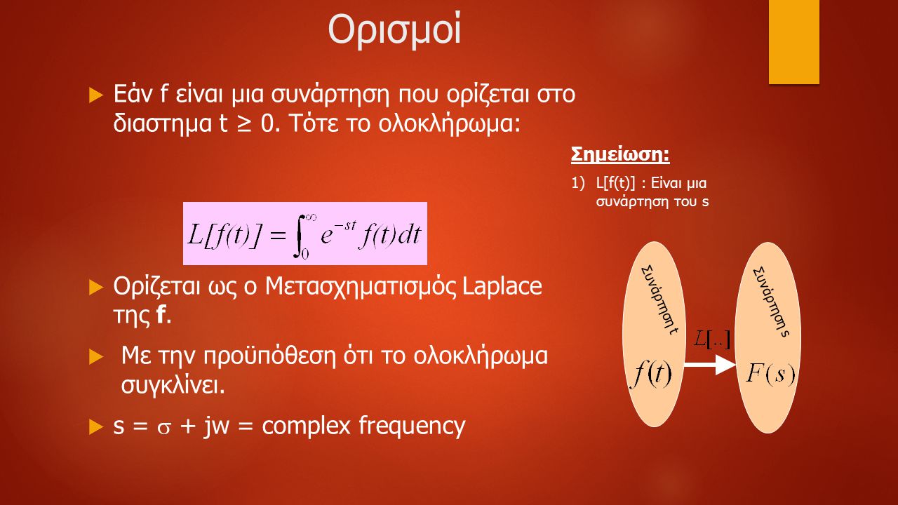 Ορισμοί Εάν f είναι μια συνάρτηση που ορίζεται στο διαστημα t ≥ 0. Τότε το ολοκλήρωμα: Ορίζεται ως ο Μετασχηματισμός Laplace της f.