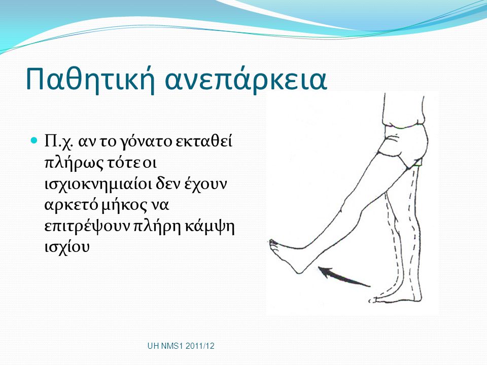 Παθητική ανεπάρκεια Π.χ. αν το γόνατο εκταθεί πλήρως τότε οι ισχιοκνημιαίοι δεν έχουν αρκετό μήκος να επιτρέψουν πλήρη κάμψη ισχίου.