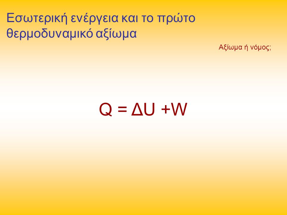 Q = ΔU +W Εσωτερική ενέργεια και το πρώτο θερμοδυναμικό αξίωμα