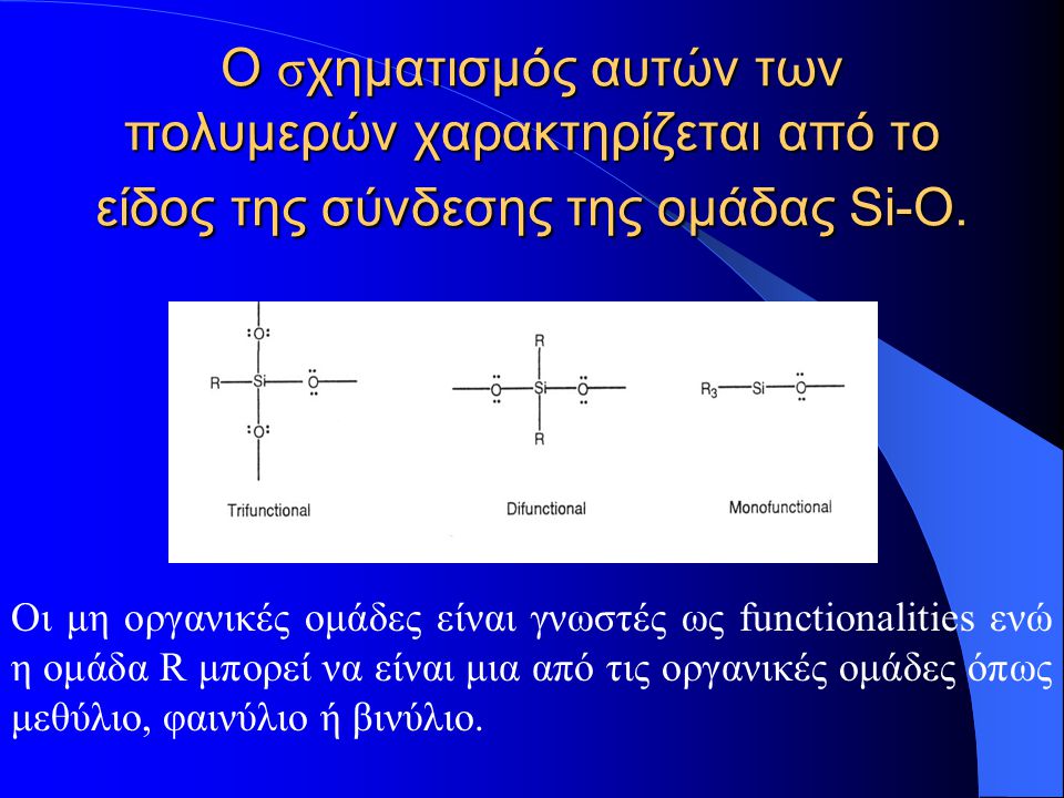 Ο σχηματισμός αυτών των πολυμερών χαρακτηρίζεται από το είδος της σύνδεσης της ομάδας Si-O.