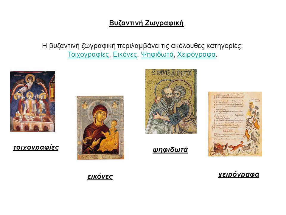 Βυζαντινή Ζωγραφική H βυζαντινή ζωγραφική περιλαμβάνει τις ακόλουθες κατηγορίες: Τοιχογραφίες, Εικόνες, Ψηφιδωτά, Χειρόγραφα.