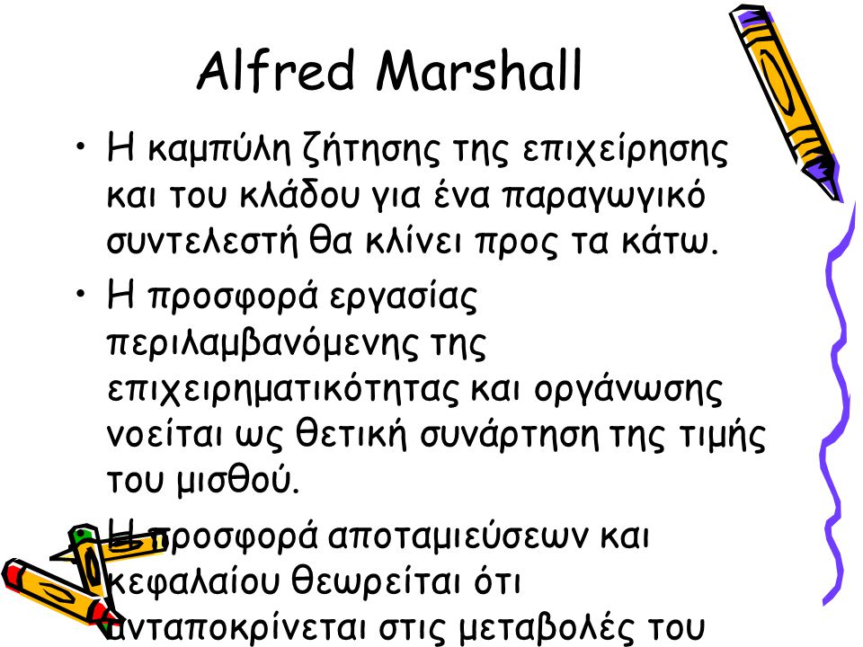 Alfred Marshall Η καμπύλη ζήτησης της επιχείρησης και του κλάδου για ένα παραγωγικό συντελεστή θα κλίνει προς τα κάτω.