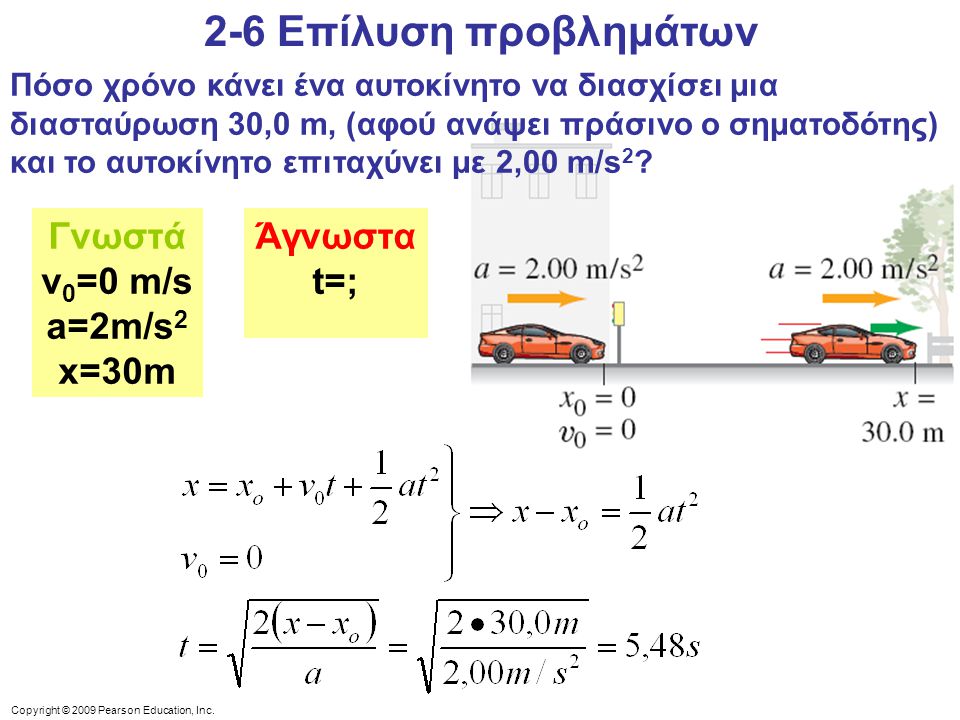 2-6 Επίλυση προβλημάτων Γνωστά v0=0 m/s a=2m/s2 x=30m Άγνωστα t=;