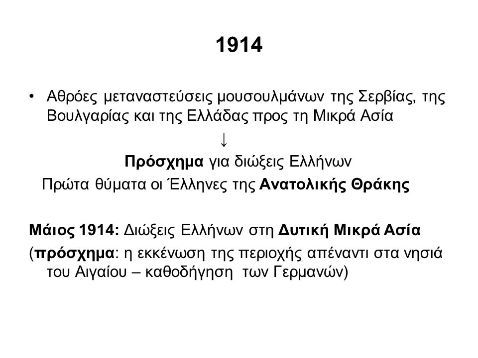 1914 Αθρόες μεταναστεύσεις μουσουλμάνων της Σερβίας, της Βουλγαρίας και της Ελλάδας προς τη Μικρά Ασία.