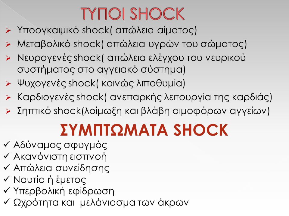 ΤΥΠΟΙ SHOCK Υποογκαιμικό shock( απώλεια αίματος)