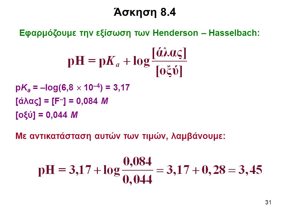 Άσκηση 8.4 Εφαρμόζουμε την εξίσωση των Henderson – Hasselbach: