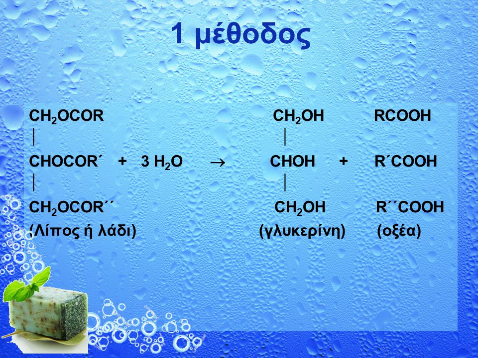 1 μέθοδος CH2OCOR CH2OH RCOOH   CHOCOR´ + 3 Η2O  CHOH + R΄COOH