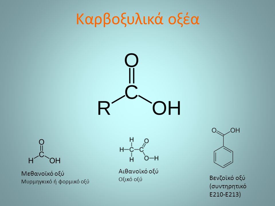 Καρβοξυλικά οξέα Αιθανοϊκό οξύ Μεθανοϊκό οξύ Βενζοϊκό οξύ (συντηρητικό