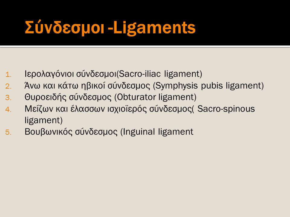 Σύνδεσμοι -Ligaments Ιερολαγόνιοι σύνδεσμοι(Sacro-iliac ligament)