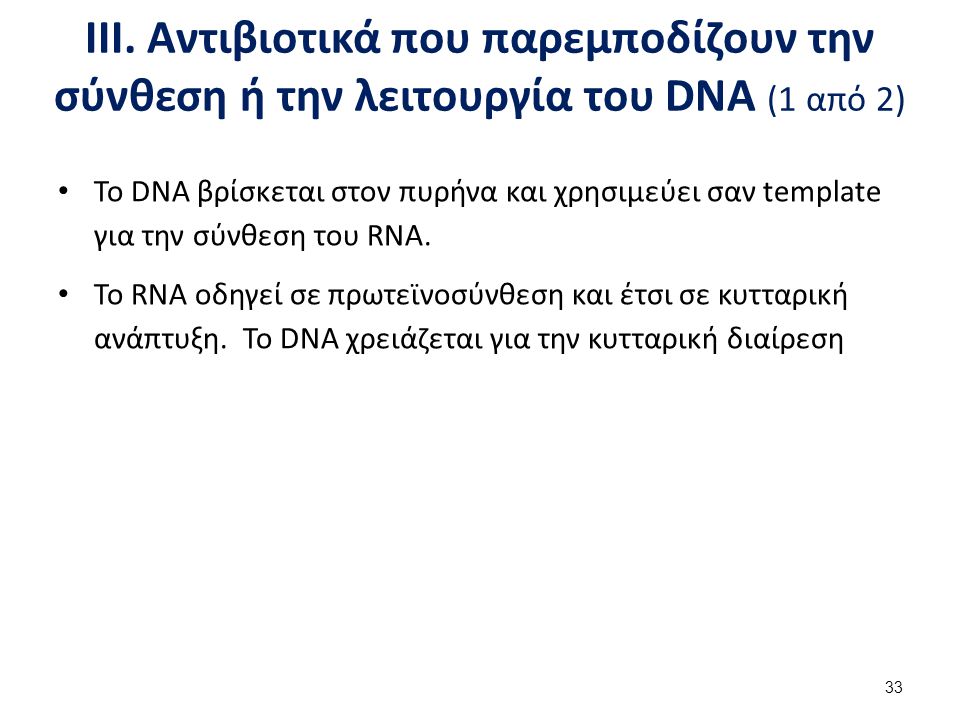 ΙΙΙ. Αντιβιοτικά που παρεμποδίζουν την σύνθεση ή την λειτουργία του DNA (2 από 2)
