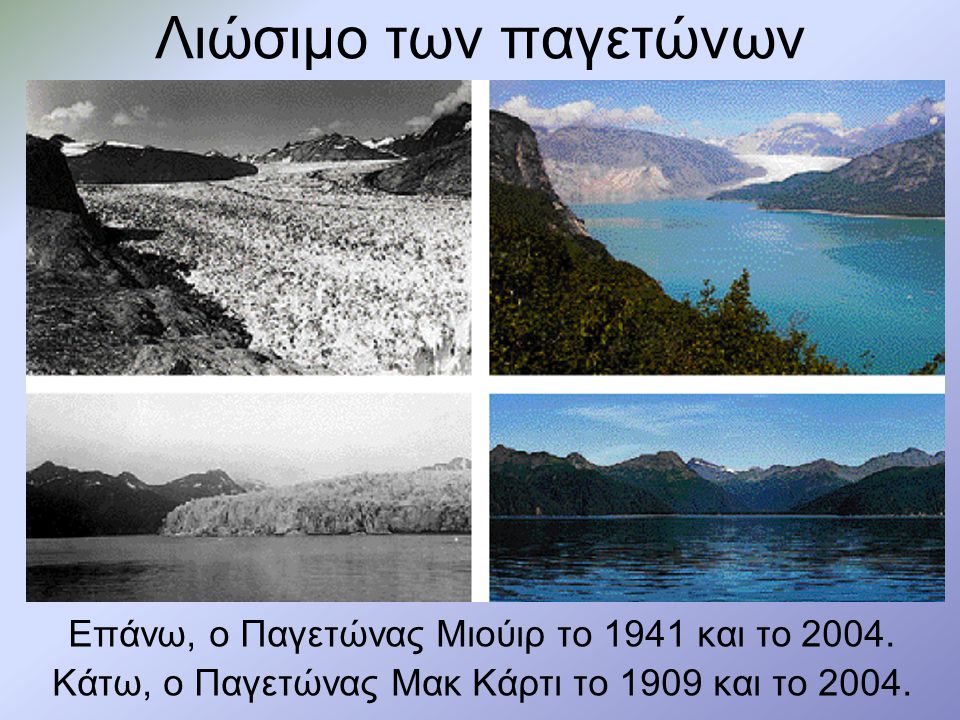 Λιώσιμο των παγετώνων Επάνω, ο Παγετώνας Μιούιρ το 1941 και το 2004.