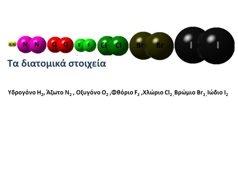 Τα διατομικά στοιχεία Υδρογόνο H2, Άζωτο N2 , Οξυγόνο O2 ,Φθόριο F2 ,Χλώριο Cl2 ,Βρώμιο Br2 ,Ιώδιο I2.