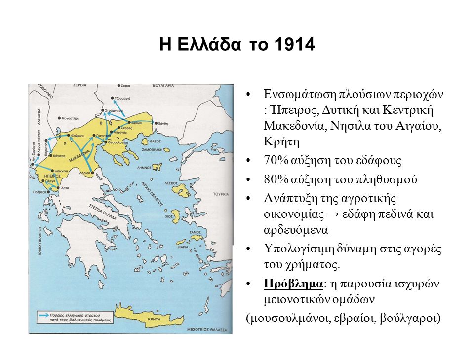 Η Ελλάδα το 1914 Ενσωμάτωση πλούσιων περιοχών : Ήπειρος, Δυτική και Κεντρική Μακεδονία, Νησιλα του Αιγαίου, Κρήτη.