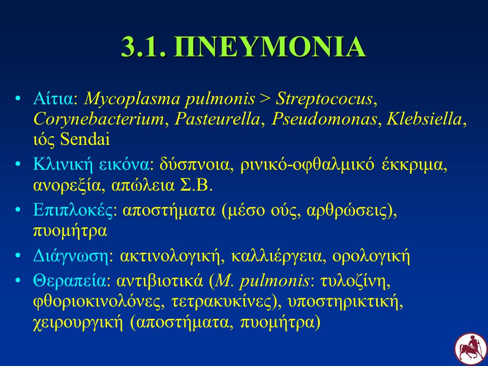 3.1. ΠΝΕΥΜΟΝΙΑ Αίτια: Mycoplasma pulmonis > Streptococus, Corynebacterium, Pasteurella, Pseudomonas, Klebsiella, ιός Sendai.