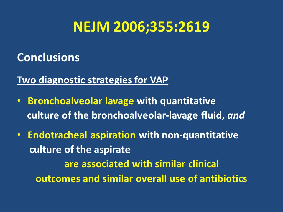 NEJM 2006;355:2619 Conclusions Two diagnostic strategies for VAP